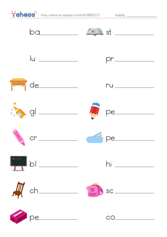 Write the word rows worksheet for SCHOOL OBJECTS