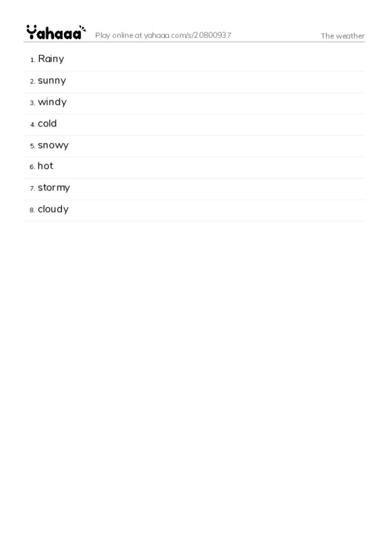 Word list with meanings worksheet for The weather