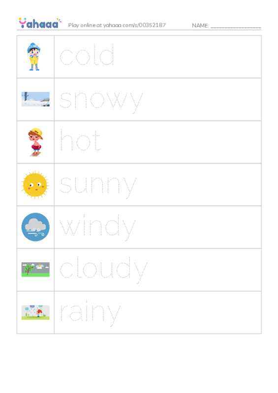 Picture and word rows worksheet for The weather