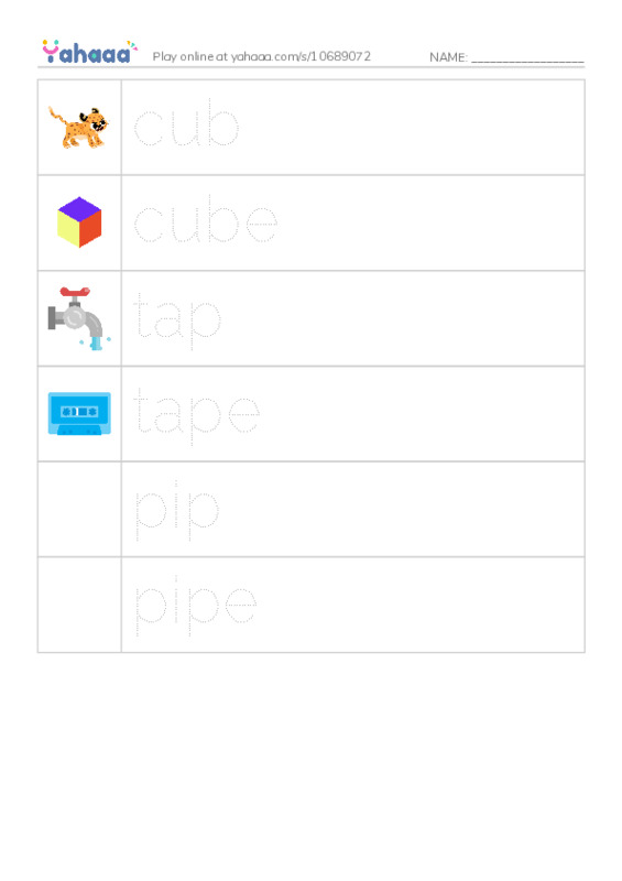 Picture and word rows worksheet for Magic E