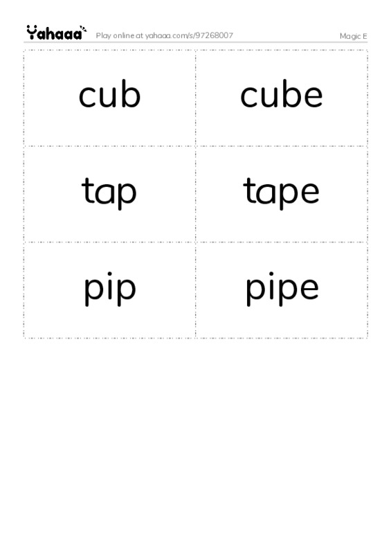 Word flashcards worksheet for Magic E