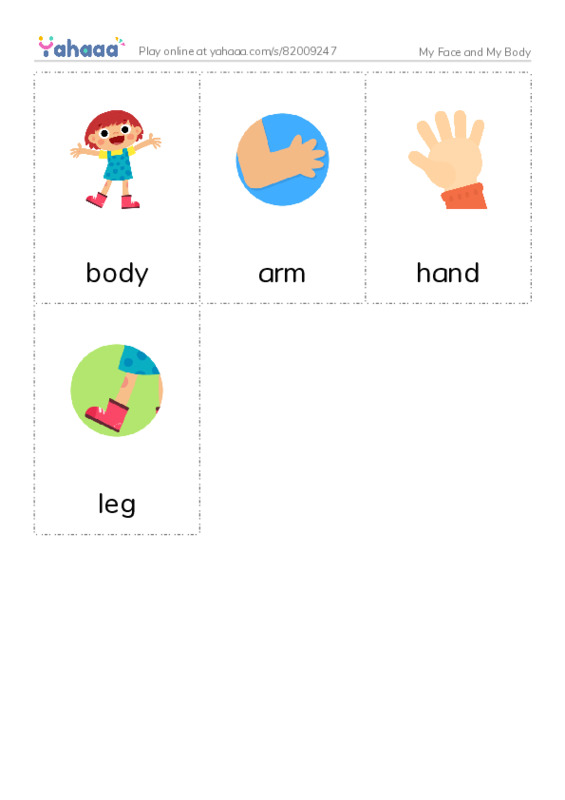Picture flashcards worksheet for My Face and My Body