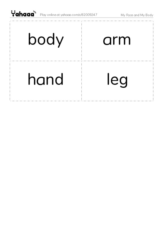 Word flashcards worksheet for My Face and My Body