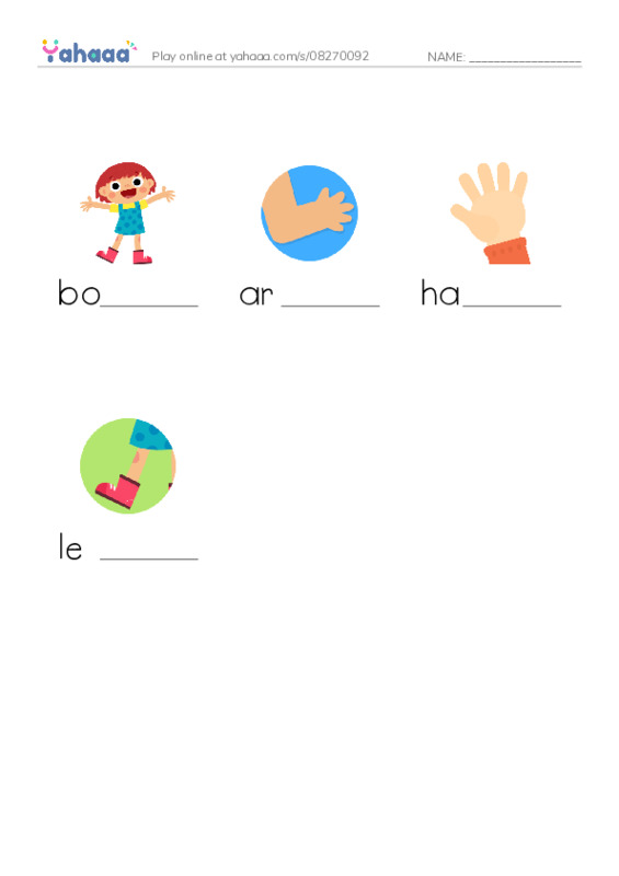 Finish the word worksheet for My Face and My Body