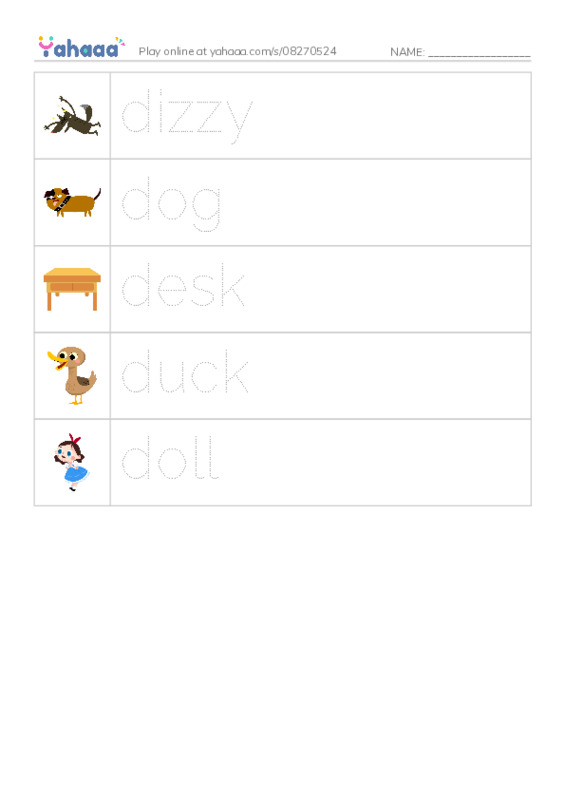 Picture and word rows worksheet for Dd