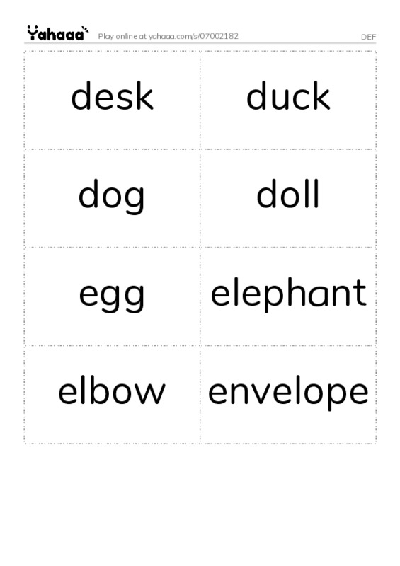 Word flashcards worksheet for DEF