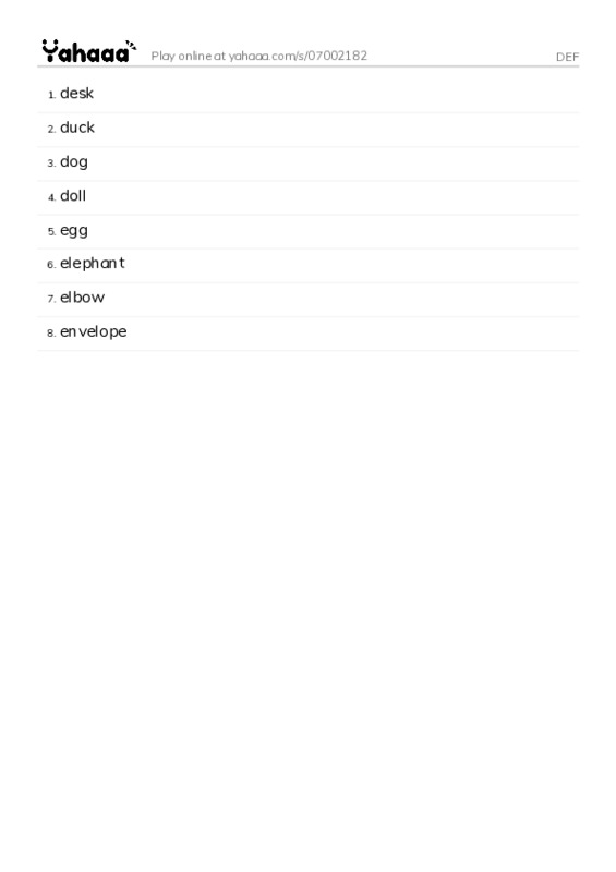 Word list with meanings worksheet for DEF