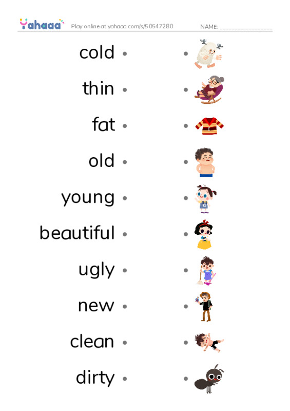 Draw a line to match worksheet for Adjectives 1