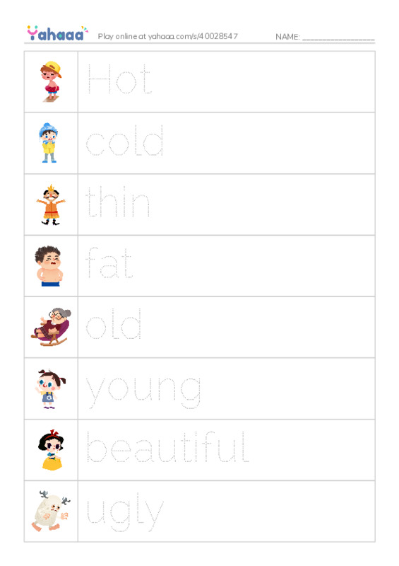 Picture and word rows worksheet for Adjectives 1