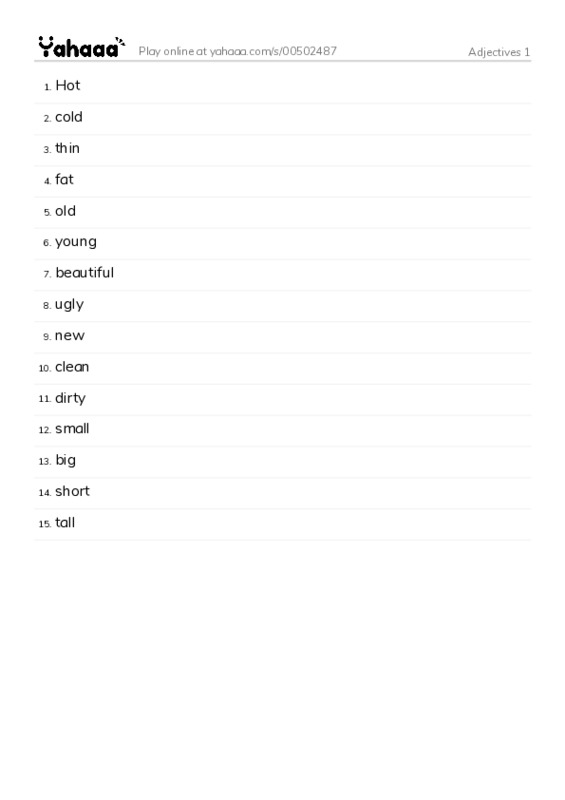 Word list with meanings worksheet for Adjectives 1
