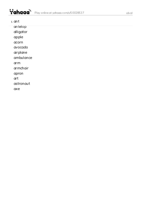 Word list with meanings worksheet for abcd