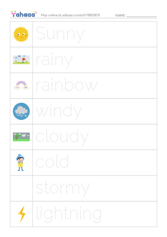 Picture and word rows worksheet for The weather