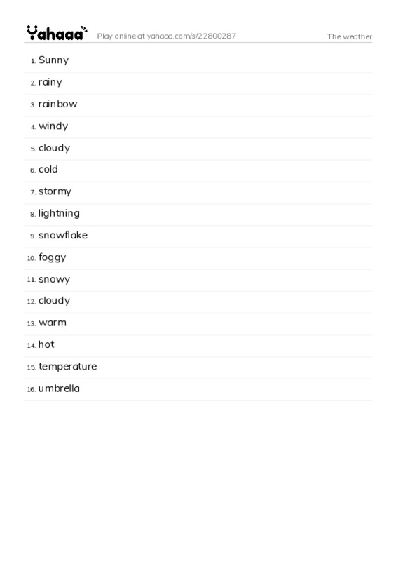 Word list with meanings worksheet for The weather