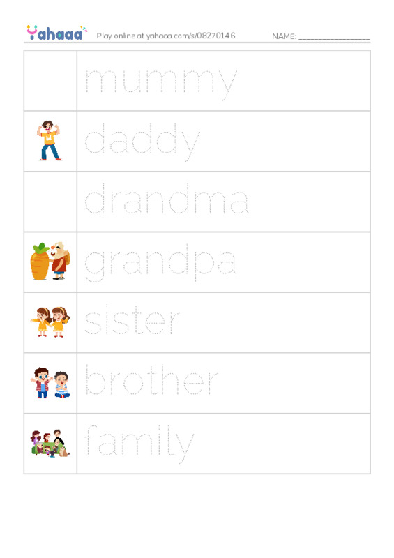 Picture and word rows worksheet for Family