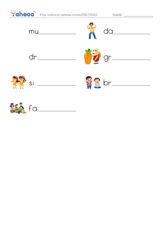Write the word rows worksheet for Family