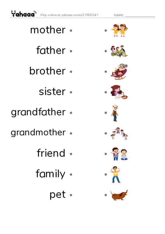 Draw a line to match worksheet for Family