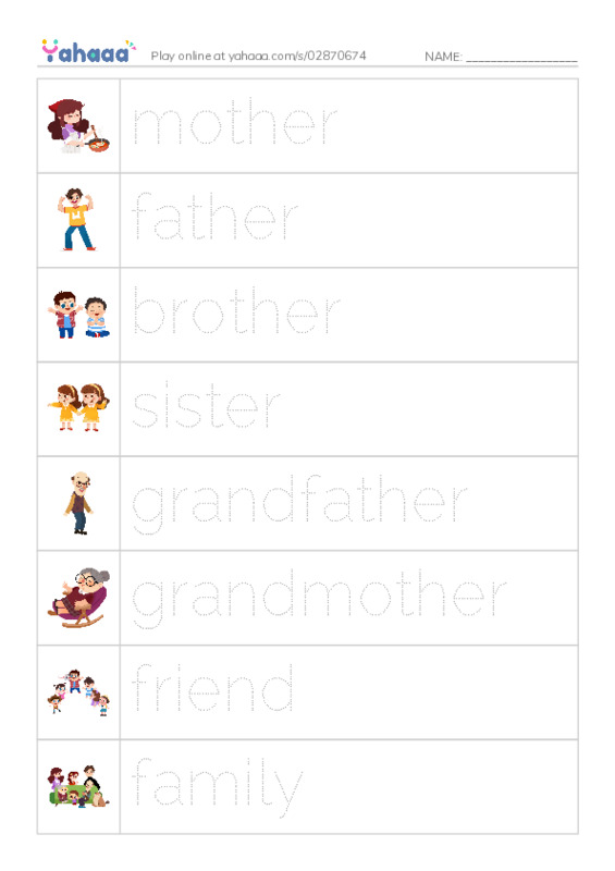 Picture and word rows worksheet for Family