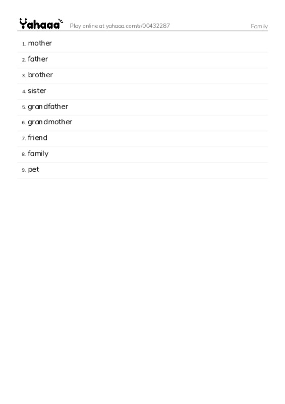 Word list with meanings worksheet for Family