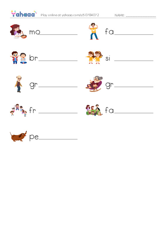 Write the word rows worksheet for Family