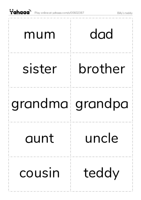 Word flashcards worksheet for Billy's teddy