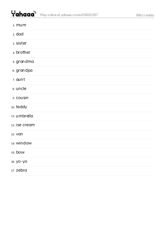 Word list with meanings worksheet for Billy's teddy