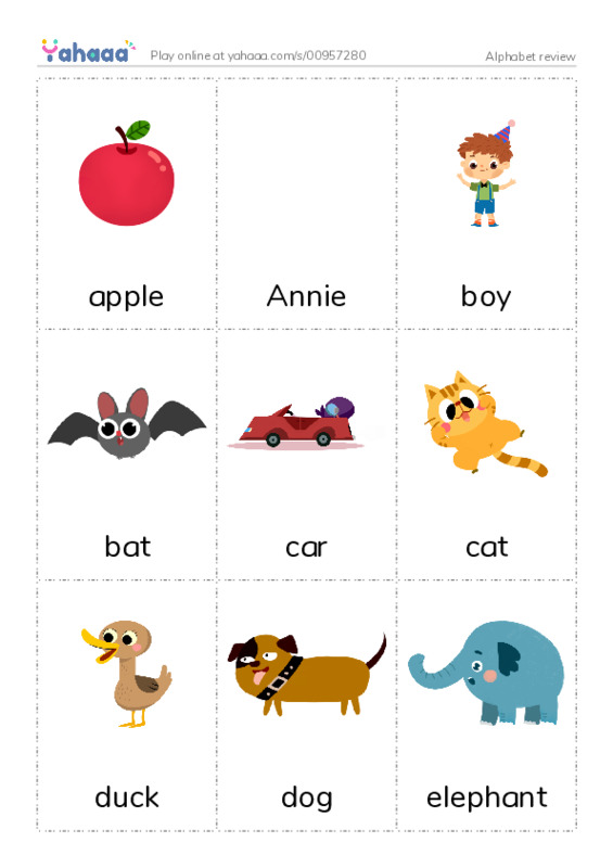 Picture flashcards worksheet for Alphabet review
