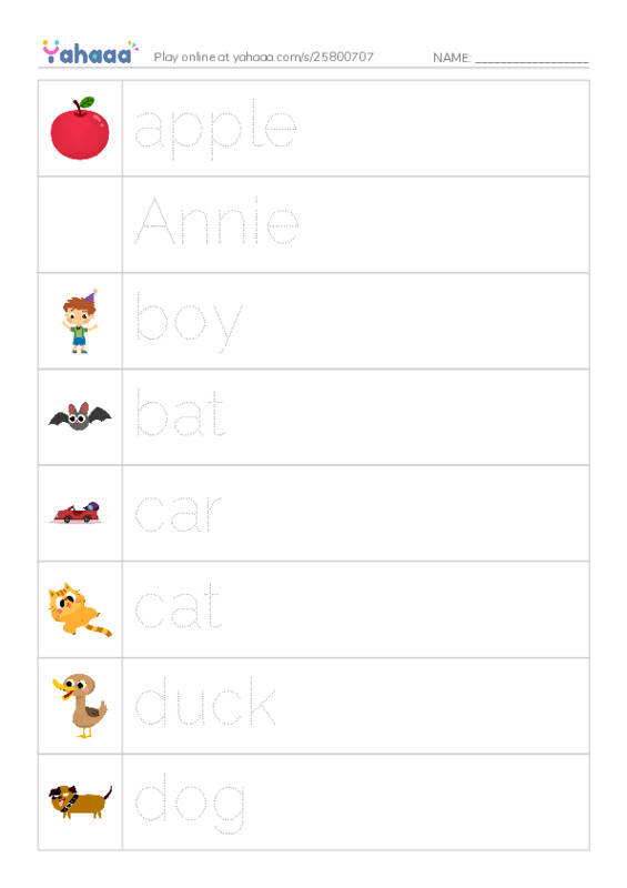 Picture and word rows worksheet for Alphabet review