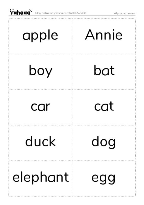 Word flashcards worksheet for Alphabet review