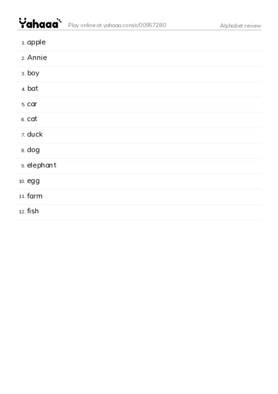 Word list with meanings worksheet for Alphabet review