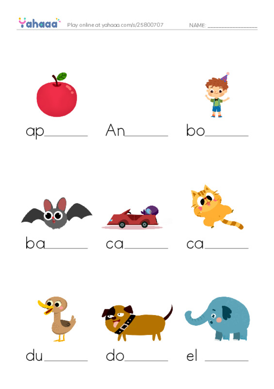 Finish the word worksheet for Alphabet review
