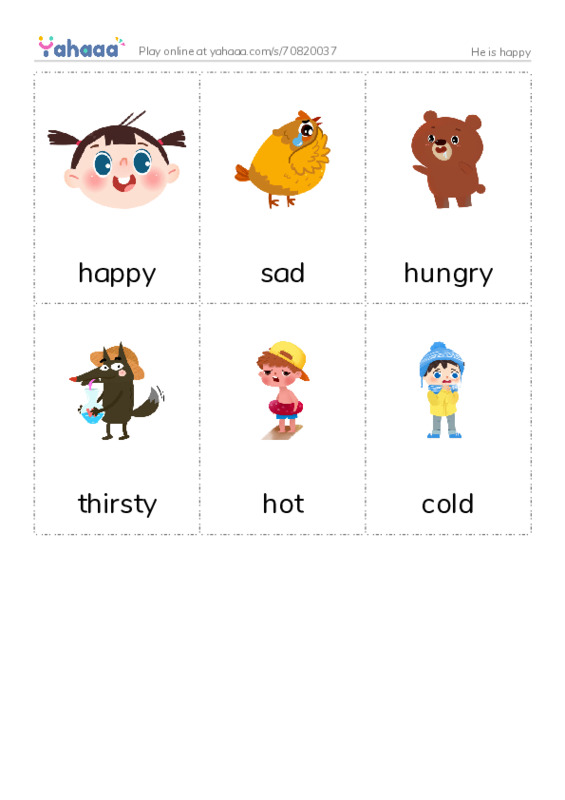 Picture flashcards worksheet for He is happy