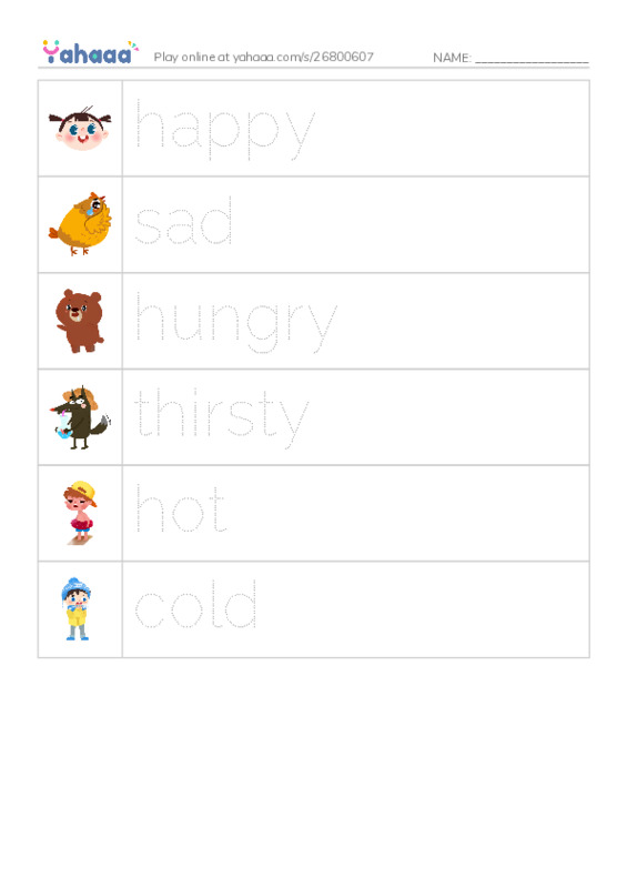 Picture and word rows worksheet for He is happy