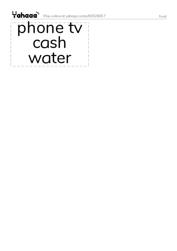 Word flashcards worksheet for food