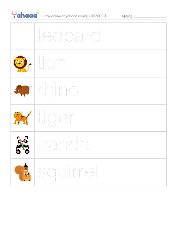 Picture and word rows worksheet for animals