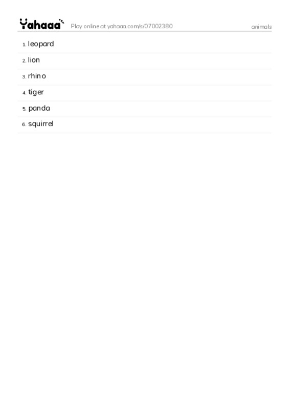 Word list with meanings worksheet for animals