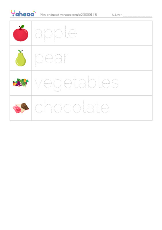 Picture and word rows worksheet for food