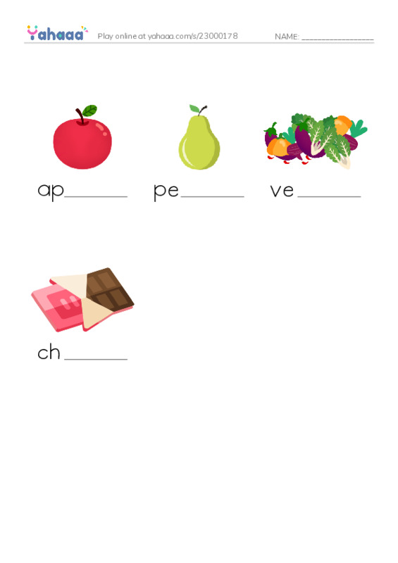 Finish the word worksheet for food