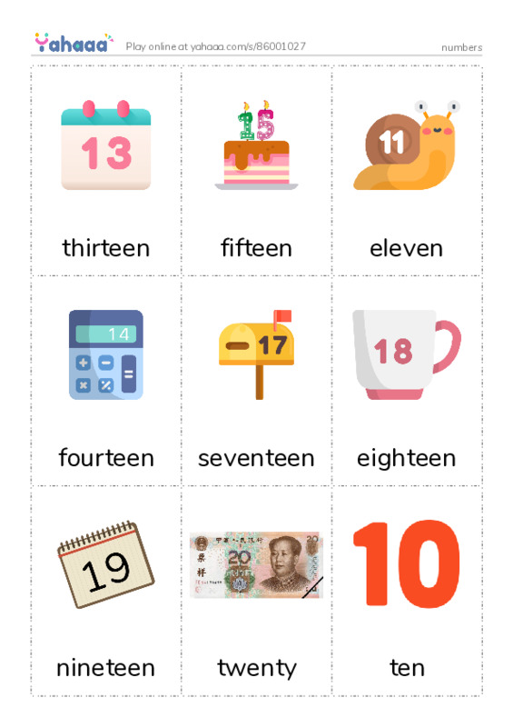 Picture flashcards worksheet for numbers