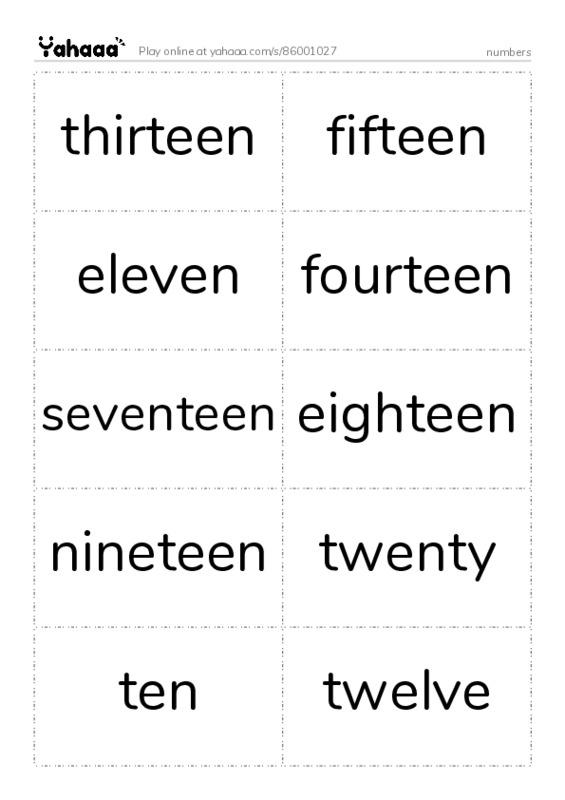 Word flashcards worksheet for numbers