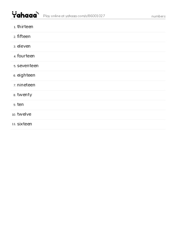 Word list with meanings worksheet for numbers