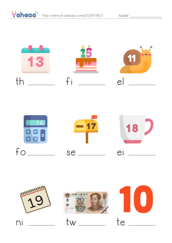 Finish the word worksheet for numbers