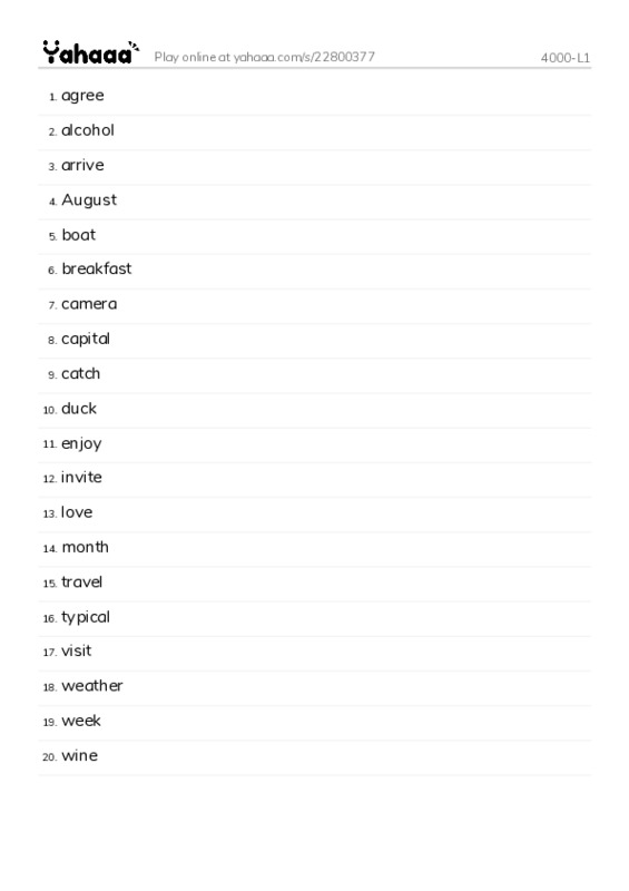 Word list with meanings worksheet for 4000-L1