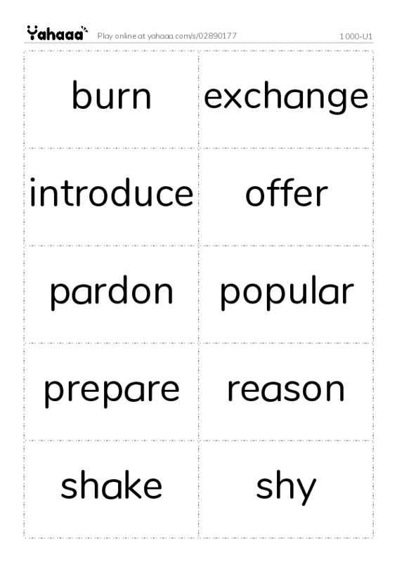Word flashcards worksheet for 1000-U1