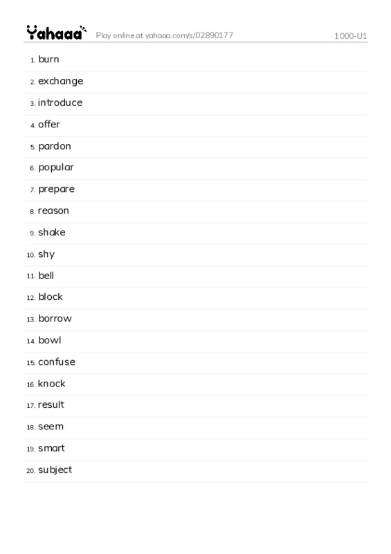 Word list with meanings worksheet for 1000-U1
