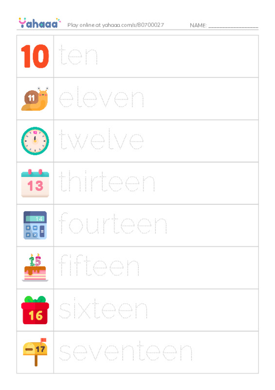 Picture and word rows worksheet for numbers