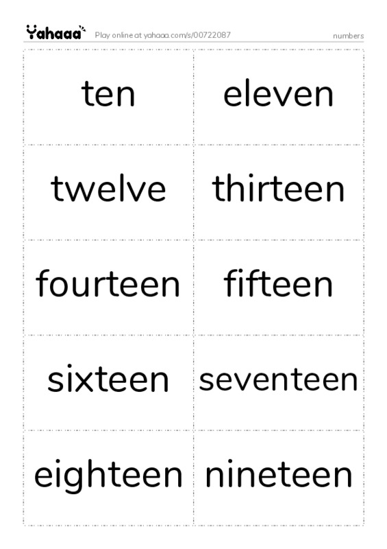 Word flashcards worksheet for numbers