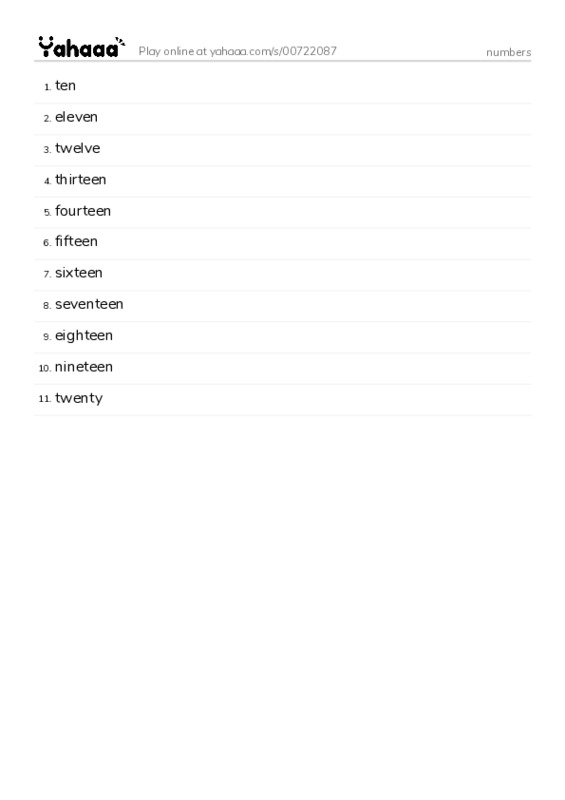 Word list with meanings worksheet for numbers