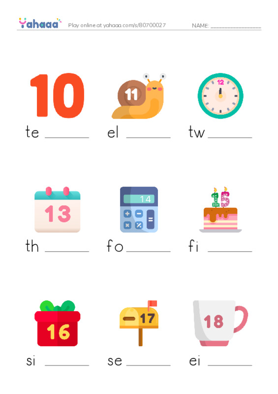 Finish the word worksheet for numbers