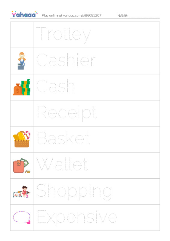 Picture and word rows worksheet for Going shopping