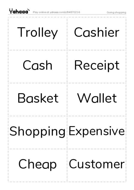 Word flashcards worksheet for Going shopping